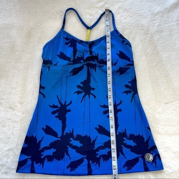 Pure Barre Lynx Blue & Yellow Palm Tree Pattern Y-Strap Tank Top Woman’s Sz SM - Picture 11 of 11